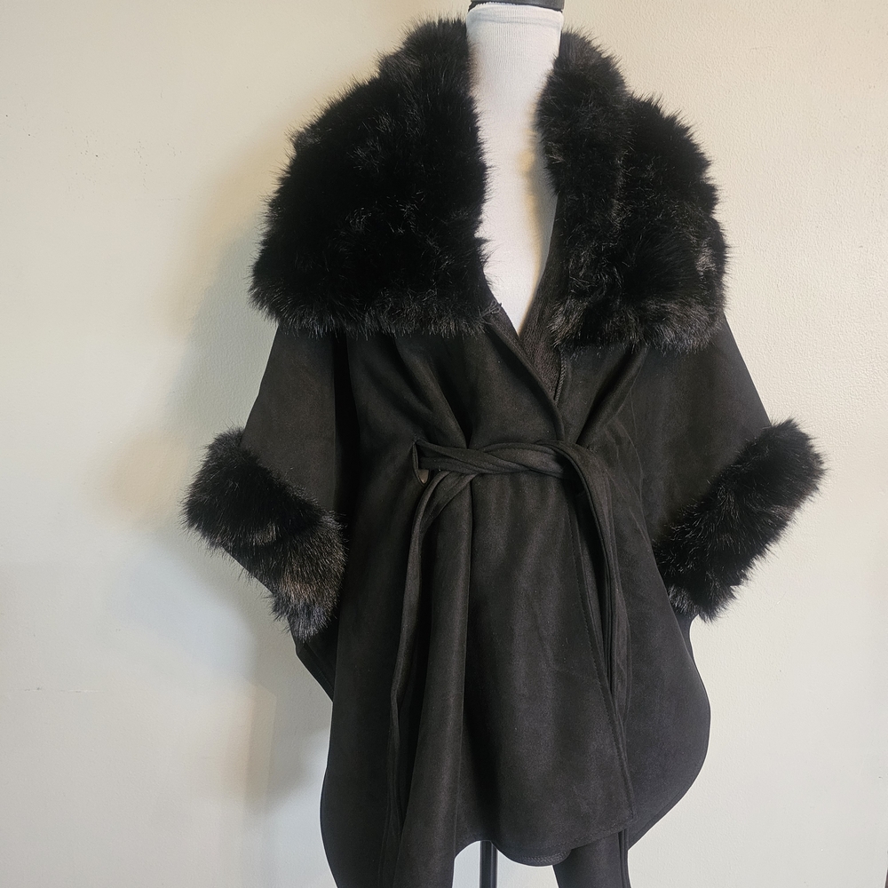 Black Faux Fur Trim Wrap Coat.